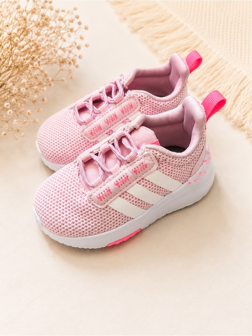 adidas Pink Mesh Toddler Sneakers with White Stripes